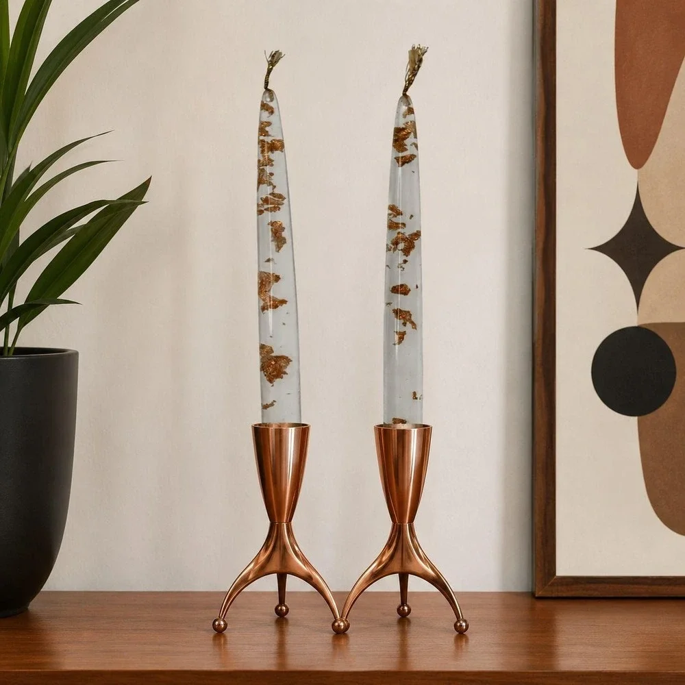 Beautiful Vintage Pair Lucite‎ Acrylic Gregorian Copper Flake Candles 12
